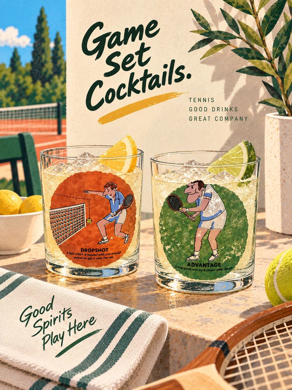 Vintage Tennis Highball Glasses Set of 2 Dropshot Advantage Cartoon Barware